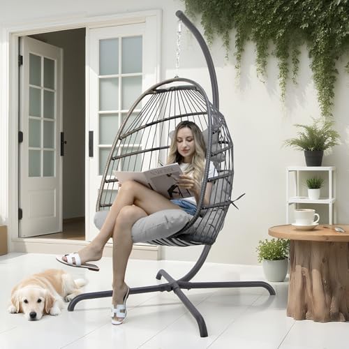 NICESOUL Swing Egg Chair Outdoor Indoor, Patio Wicker Hanging Egg Chairs with Stand, Swinging Hammock with Padded Cushions, 350lbs Sturdy Egg-Shaped Seating for Porch Bedroom Balcony Xmas Gift, Grey - Thumbnail 3