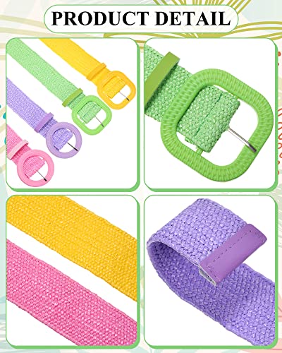 Image of WILLBOND 4 Pcs Women's Elastic Raffia Woven Belt, Boho Rattan Buckle Stretch Straw Wide Waist Belt for Dresses Jeans Pants