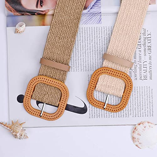 Xzqtive Women Elastic Wide Belt - Fashion Summer Straw Imitate Woven Elastic Stretch Waist Band Boho Beach Dress Belts(1-Beige, Fit Below 34 Inch) #TOP7