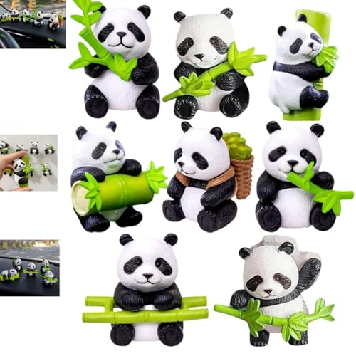 Juego de 8 lindos pandas para decorar el salpicadero del coche, mini estatuas de panda de resina, decoración de panda para el coche, decoración de ordenador de oficina, imanes para el frigorífico.