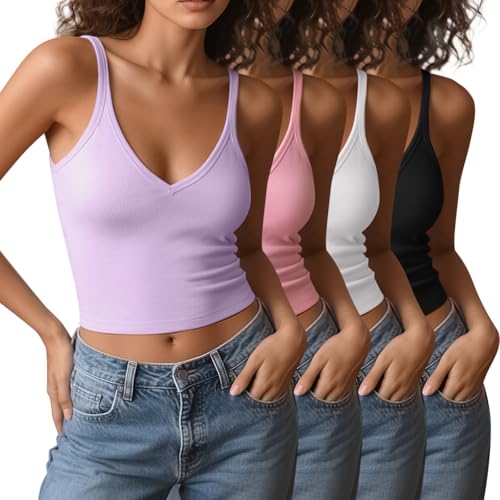 Image of 4 Pieces V Neck Tank Tops for Women Spaghetti Strap Crop Top Cotton Basic Fitted Summer Cami Shirts