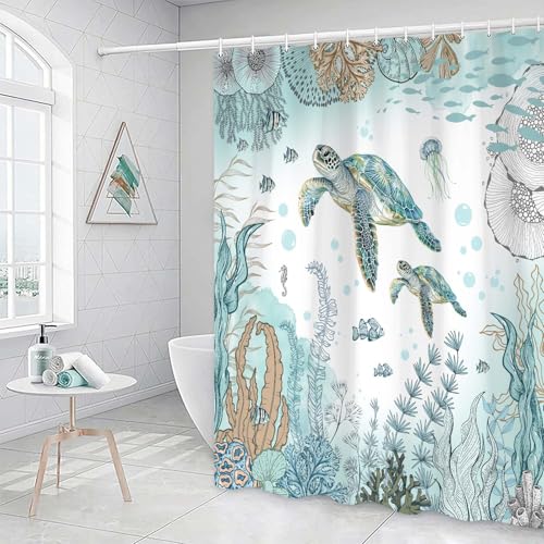 Image of Sea Turtle Shower Curtain, Funny Sea Animals Summer Nautical Shower Curtains for Kids, Teal Blue Ocean Beach Coastal Decorative Bathroom Curtain Sets Waterproof Fabric Machine Washable with Hooks