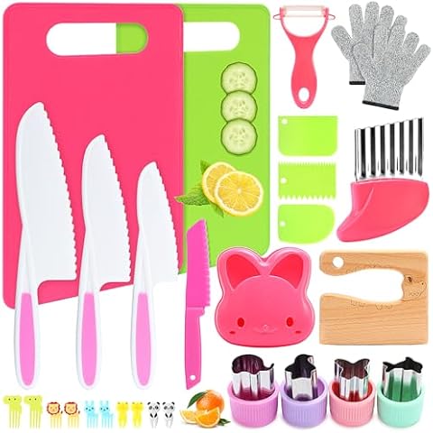 Kids Knife Set for Real Cooking, Montessori Kitchen Tools for Toddlers, 28PCS Toddler Kitchen Knife Set with Gloves Crinkle Cutters, Montessori Toy for 3 4 5 6 7 8 9 10 Year Old Girl Boy Birthday Gift Cover