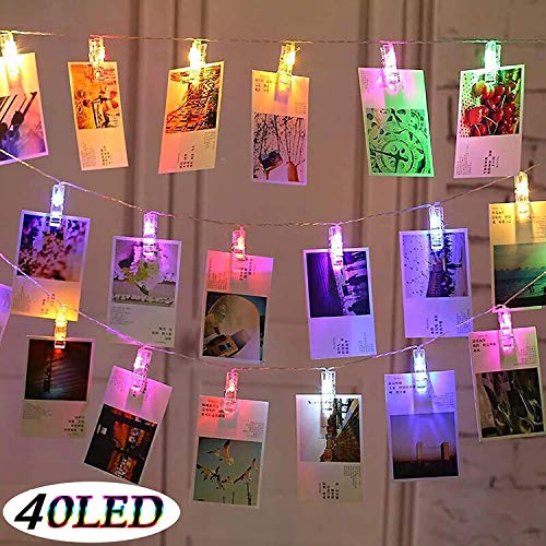 KNONEW LED Tira luminosa LED Clip - 40 pinzas para fotos tira de 2,4 Metros alimentada con pilas decoración para colgar fotos, notas, dibujos