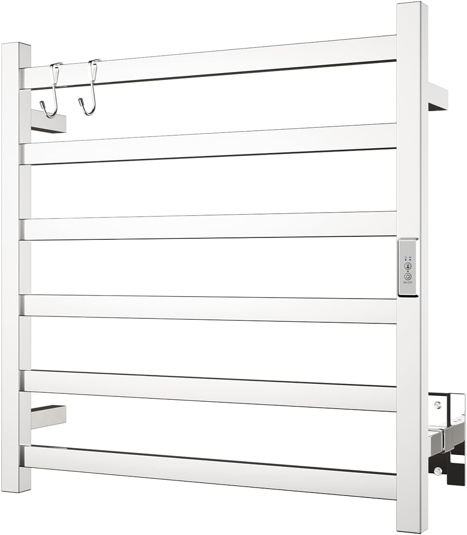 Wall Mounted Towel Warmer Square 6 Bars with Plug-in and Hardwired Options 3 Working Modes Mirror Polished Stainless Steel 24”W 34”H