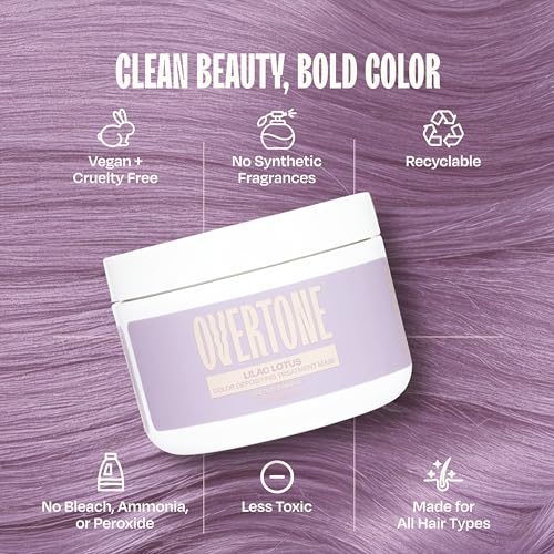 Image of OVERTONE Color Depositing Treatment Hair Mask, Lilac Lotus, 8 oz | Semi Permenant & Nourishing Coloring Conditioner for All Hair Types, Contains Shea Butter & Coconut Oil, Vegan & Cruelty-Free
