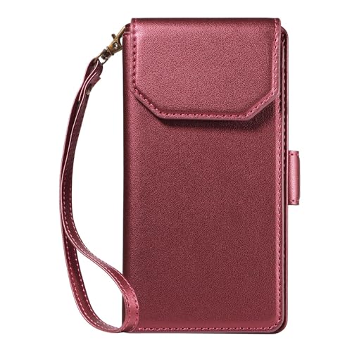 Étui pour iPhone 14 rouge avec fentes verticales pour cartes et portefeuille en cuir à rabat