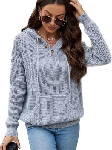 Image of CiCiBird Women's Fall Hoodies Sweater V Neck Waffle Knit Top with Pocket | Loose Fit, V Neck Button, Adjustable Drawstring, Long Sleeve, Kangaroo Pocket, Weekend Errands, Daily Wear, Work Casual
