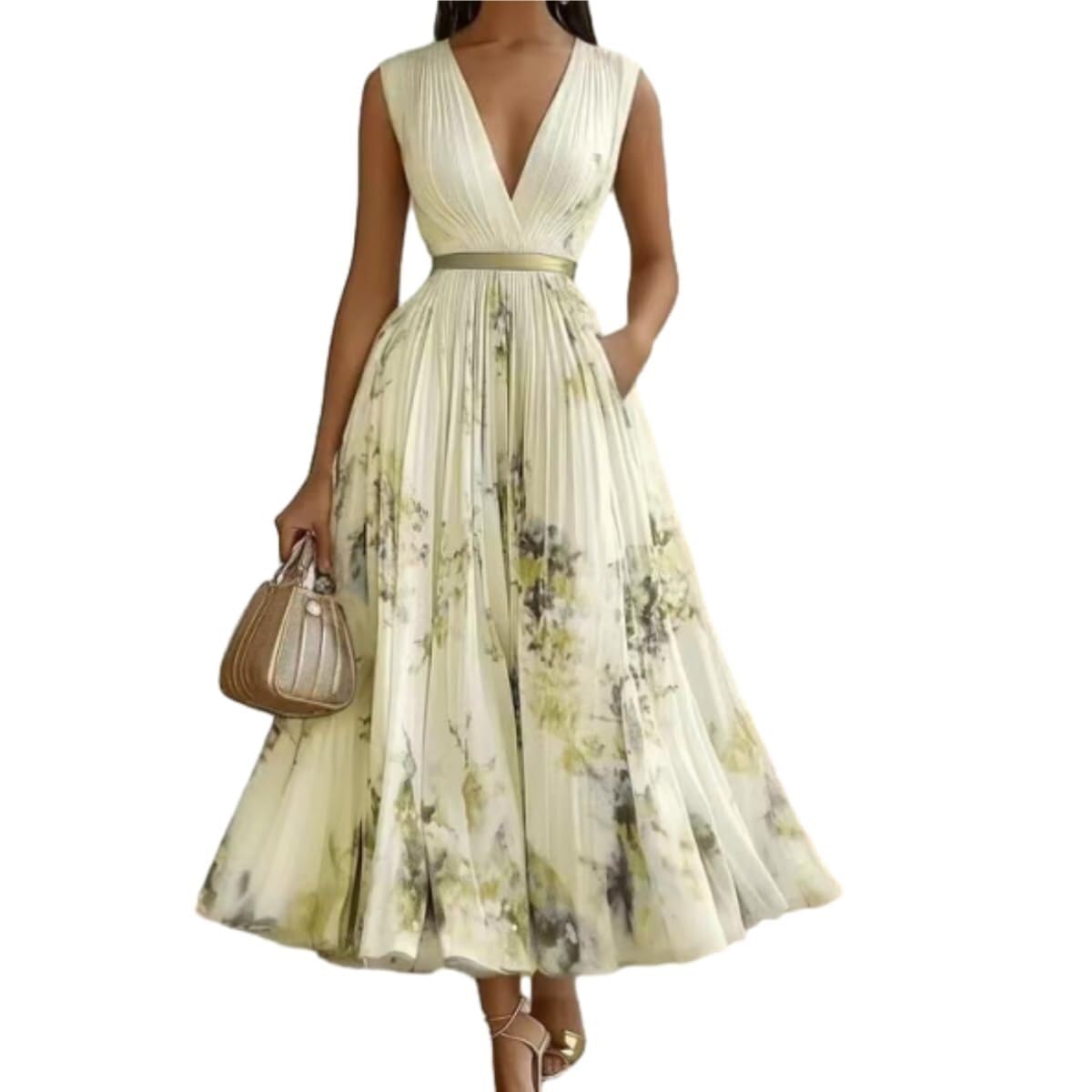 Vestido Midi con Flores Mujer Sin Mangas Escote V, Modelo Plisado con Cintura Alta, Vestido Elegante Casual para Verano Fiestas Vacaciones Y Salidas Diarias