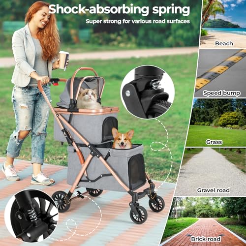 MAMIZO Doppelter Hundebuggy, Haustiere Buggy bis 15 kg, Faltbar 2 Etagen Hundewagen, Katzenbuggy für 2 Etagen mit 4 PCS verschleißfeste PU-Räderr, Hundebox Transporttasche, Grau