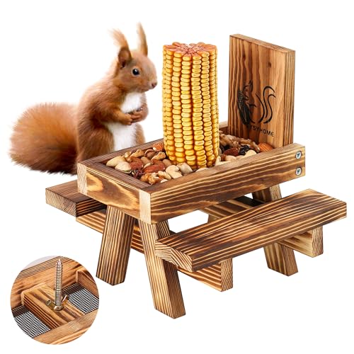 Squirrel Feeder for Outside Funny, Carbonized Wood Squirrel Picnic Table Feeder with Corn Cob Holder & Peanut Tray, Durable Picnic Table for Squirrel and Chipmunk, New Premium Gift by UUMENHA - Used condition - US$11.97