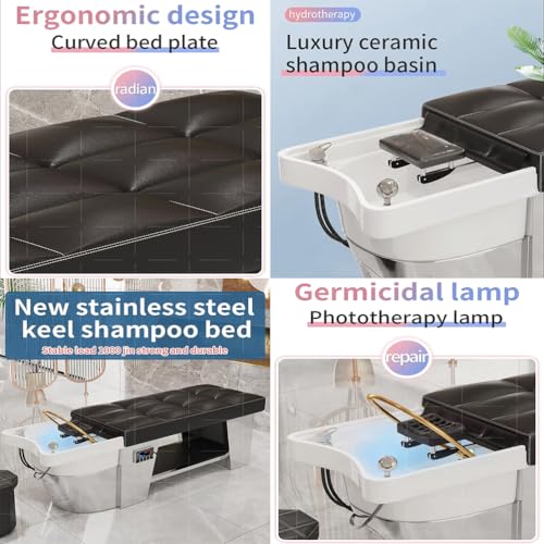 Image of Fumigation Shampoo Bed, Thai Premium Salon Shampoo Bed with Comfortable Headrest and Water Circulation Massage Table, Beige