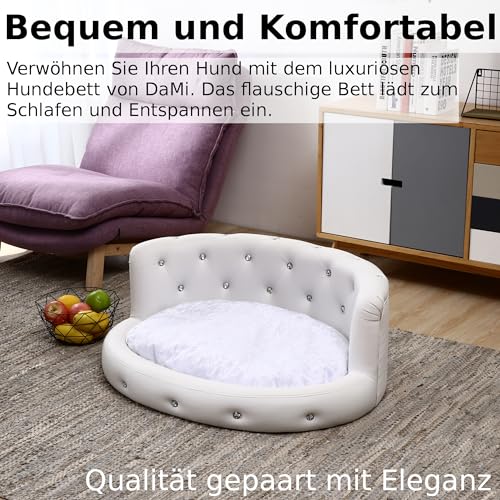DaMi Luxus Hundebett I Premium Hundeschlafplatz mit großen Strasssteinen, Hundekissen Hundematratze Dogbed waschbar, Hundezubehör Hunde Dog Bed Bett Matratze Körbchen, 35x73x63 cm Oval Weiß