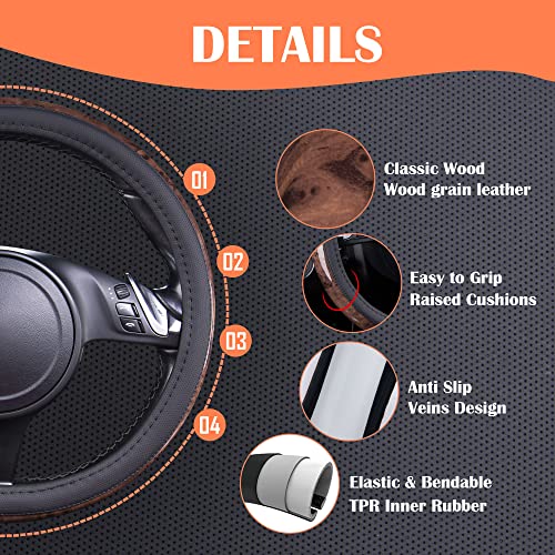 CAR PASS Capas de volante de couro de grão de madeira de ajuste universal adequadas para Suvs, camin