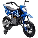 Qaba Kids Dirt Bike with Twist Grip Throttle, 12V Electric Motorcycle, Electric Bike for Toddler with Training Wheels, Spring Suspension & Music, Blue