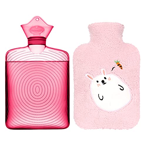 Image of Samply Transparent Hot Water Bottle- 2 Liter Water Bag with Cute Fleece Cover, Rabbit Pink