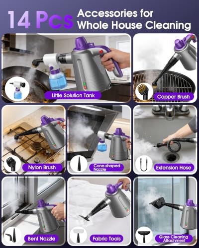 Image of Handheld Steam Cleaner for Home, Pressurized Steamer for Cleaning Couch Carpet Car Upholstery Mattress Furniture with 14 Accessories & Safety Lock, Small Container for Grease