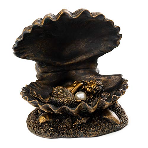 Top Collection Baby Mermaid Statue- Mermaid Sleeping in Shell with Pearl Sculpture- Hand Painted with Bronze Finish Look- 4-Inch Figurine