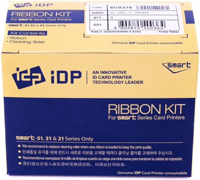 IDP Genuine SMART-31 & SMART-51 Series Card Printer Ribbon - YMCKOK Color, Two Resin Black & Overlay Panels Ribbon w Cleaning Roller, 200 Cards/roll (Not Compatible with IDP Solid Series Printers)