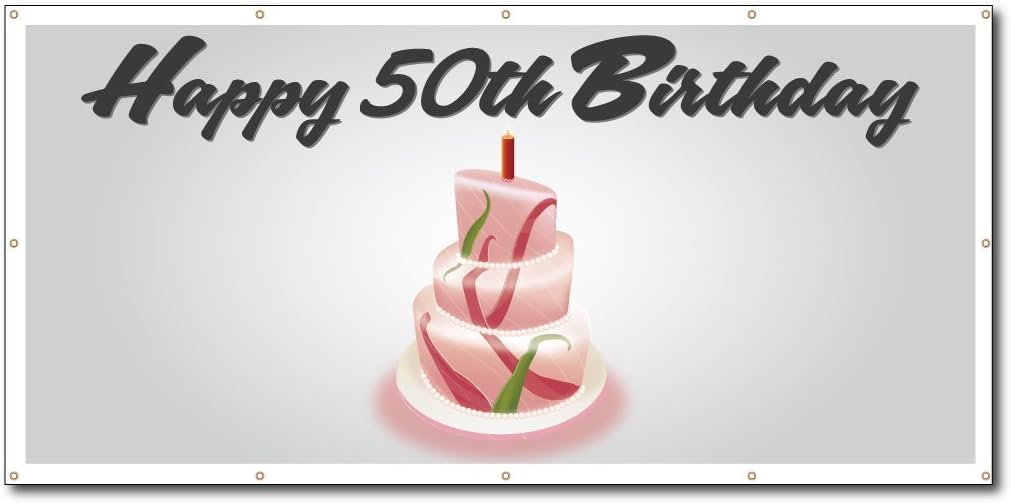 VictoryStore Yard Sign Outdoor Lawn Decorations: Happy 50th Birthday Cake - 3 feet x 6 feet Vinyl Bann