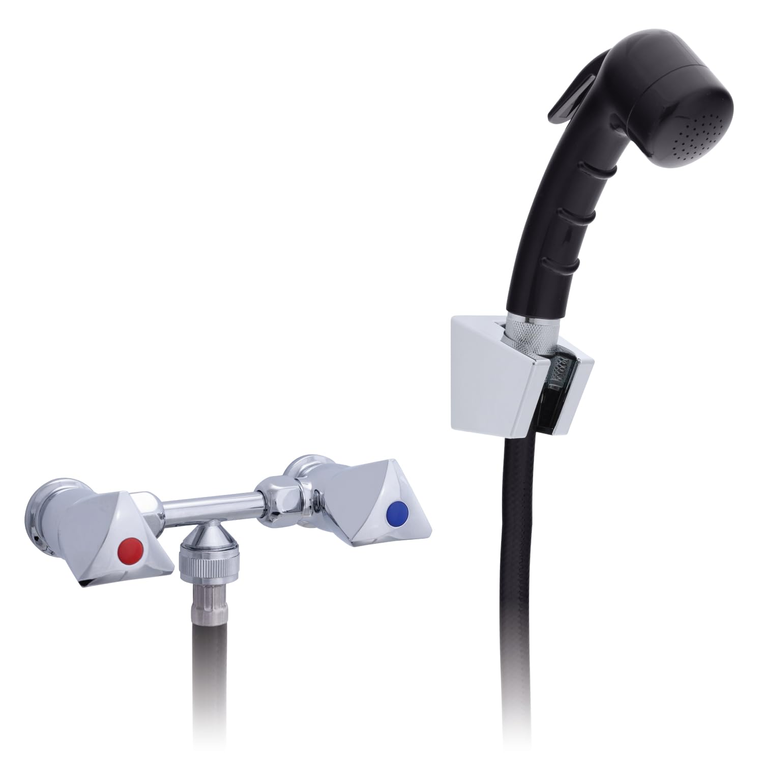 Ambassador Marine Trinidad- 2H External Shower Mixer (Small Black Sprayer, 6' White Rubber Hose) (Chrome/Black) - 134-0214-CK-W