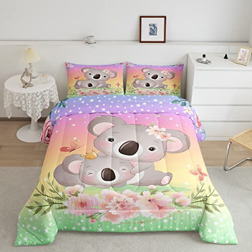 Feelyou Cute Koala Comforter Set Cartoon Koala Bedding Set for Kids Boys Girls Blossom Floral Comforter Kawaii Animal Decor Inner Fill Duvet Set 1 Comforter Set with 2 Pillowcases Full Size