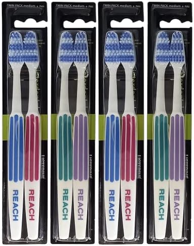 REACH Essential Care Interdental Firm Toothbrush, Duo Pack x 4, Full Head Hard Bristle Manual Toothbrushes, Variety Colors Multipack, Daily Oral Enamel Dental Care