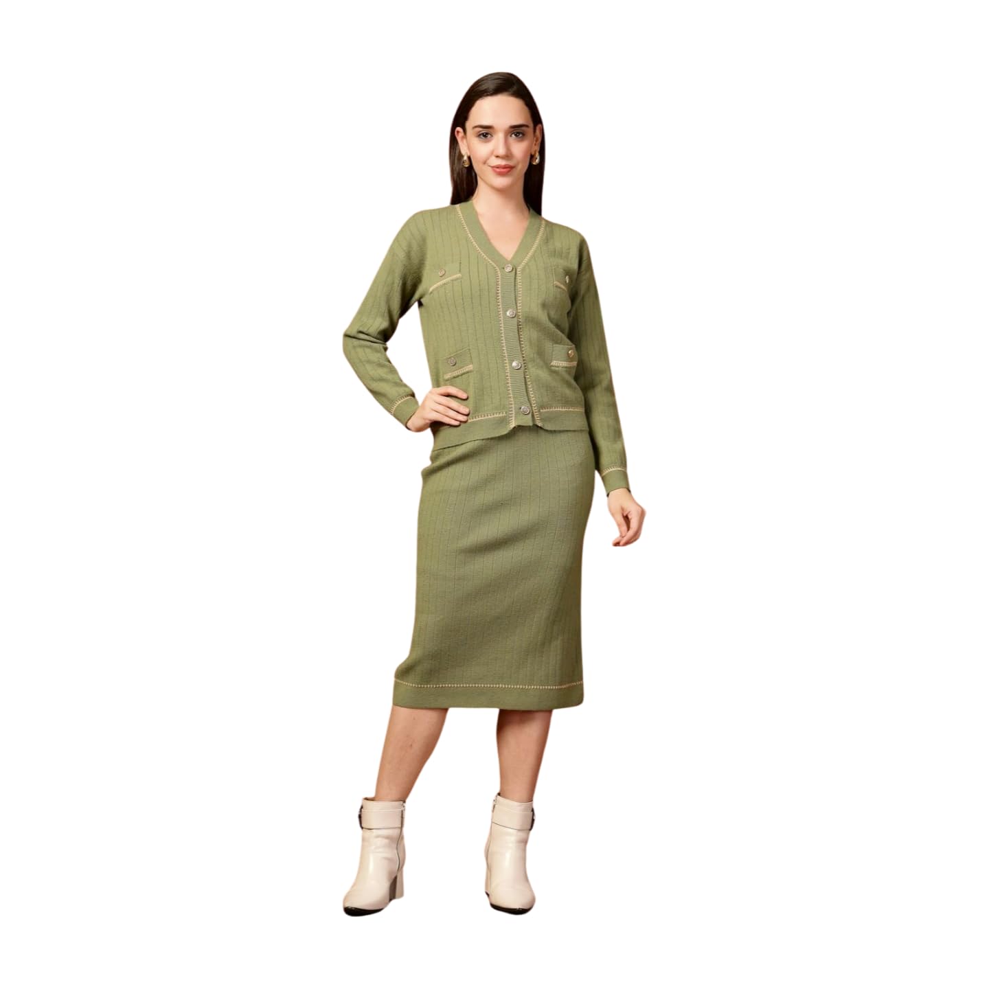 Striped V Neck Top with Skirt Co-Ords Set-image-32