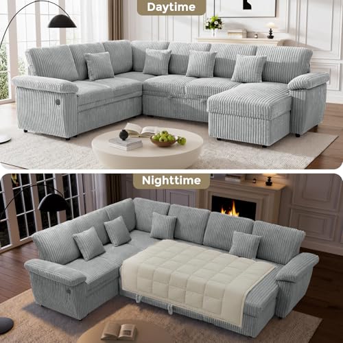 Image of Sectional Sleeper Sofa, Fluffy Soft Corduroy Couch with Pull Out Bed and Storage Chaise, Modern Comfy U Shaped Couch with USB Charger for Living Room, Apartment, Small Spaces, Grey