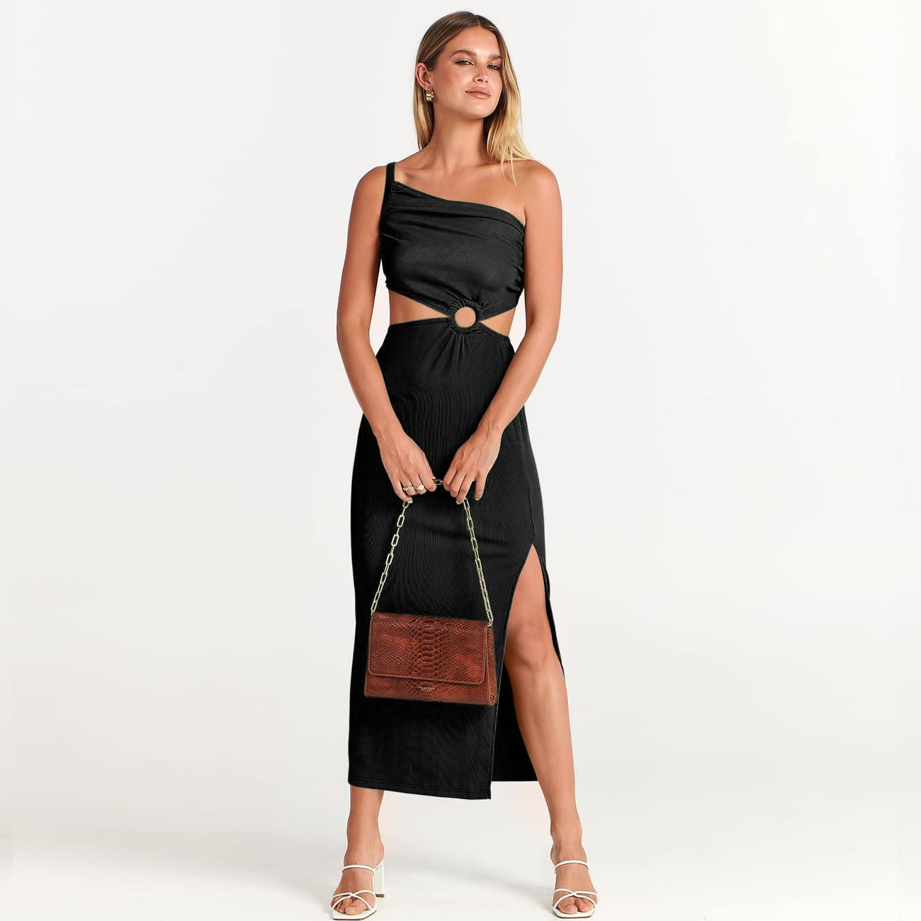 Vestito da Donna Abito Una Spalla Pieghettato Schiena Nuda Chiffon Elegante Tubino Festa Cocktail Abito da Damigella della Sera e Cerimonia Matrimonio Lady Dress