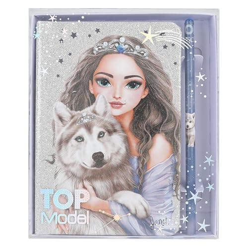 Depesche 13176 TOPModel Wolf   Cuaderno en Plata Brillante y Azul, con Motivo de Lobo, Estrellas y 160 páginas, Incl. lápiz