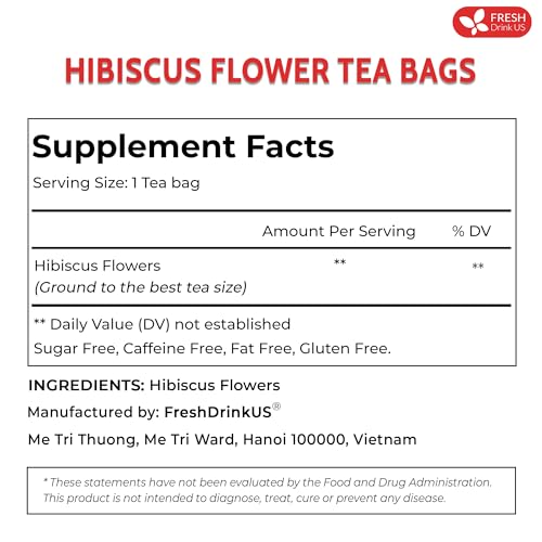 Image of FreshDrinkUS, Premium 25 Hibiscus Flowers Tea Bags, 100% Natural & Pure from Hibiscus Flowers. Loose Flower Hibiscus Herbal Tea. No Sugar, No Caffeine, No Gluten, Vegan.