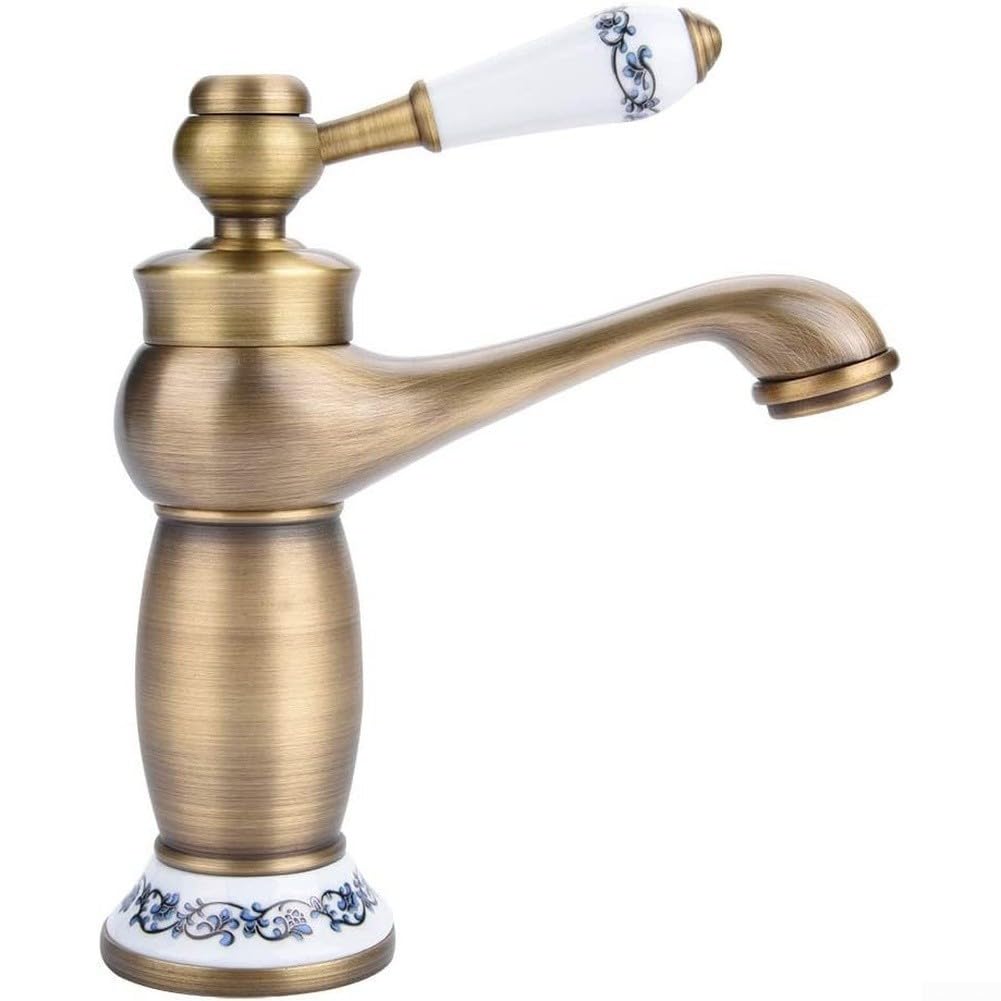 SOHNVWTGD Antique European Style Brass Faucet With Black Gold Finish, Single Handle Washbasin Mixer Tap For Bathroom Sink, Solid Copper Construction, 19cm Height