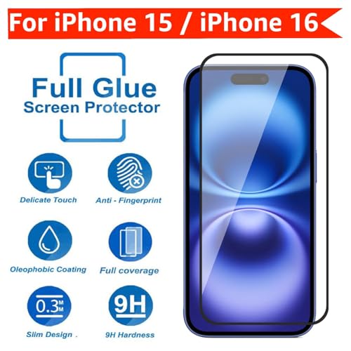 Image of Tempered Glass Screen Protector Compatible for iPhone 16 with Edge-to-Edge Protector and Easy Installation Kit, Pack of 1, Black