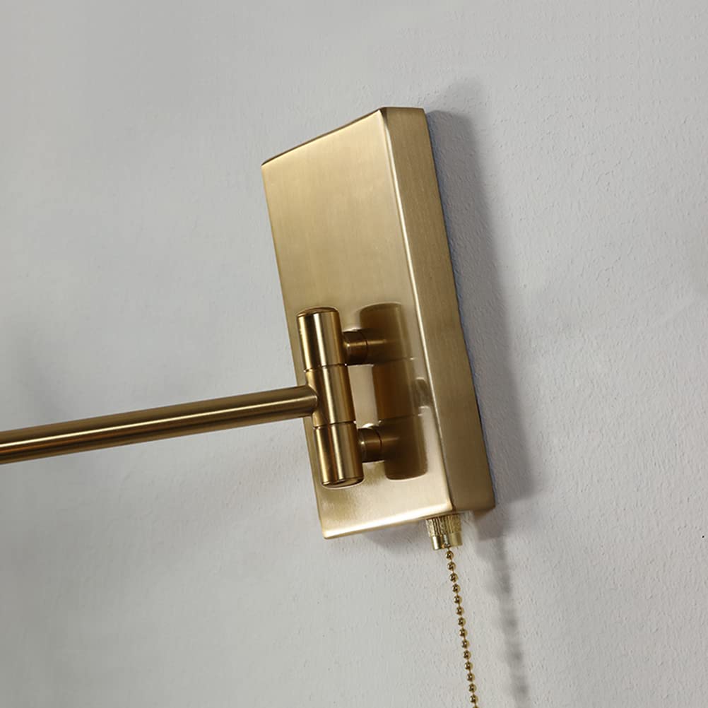 OJT Applique moderne en laiton avec interrupteur, appliques murales lampe de chevet lampe de lecture à bras long réglable, abat-jour en bois, appliques murales d'intérieur E27 pour salon hall chambre