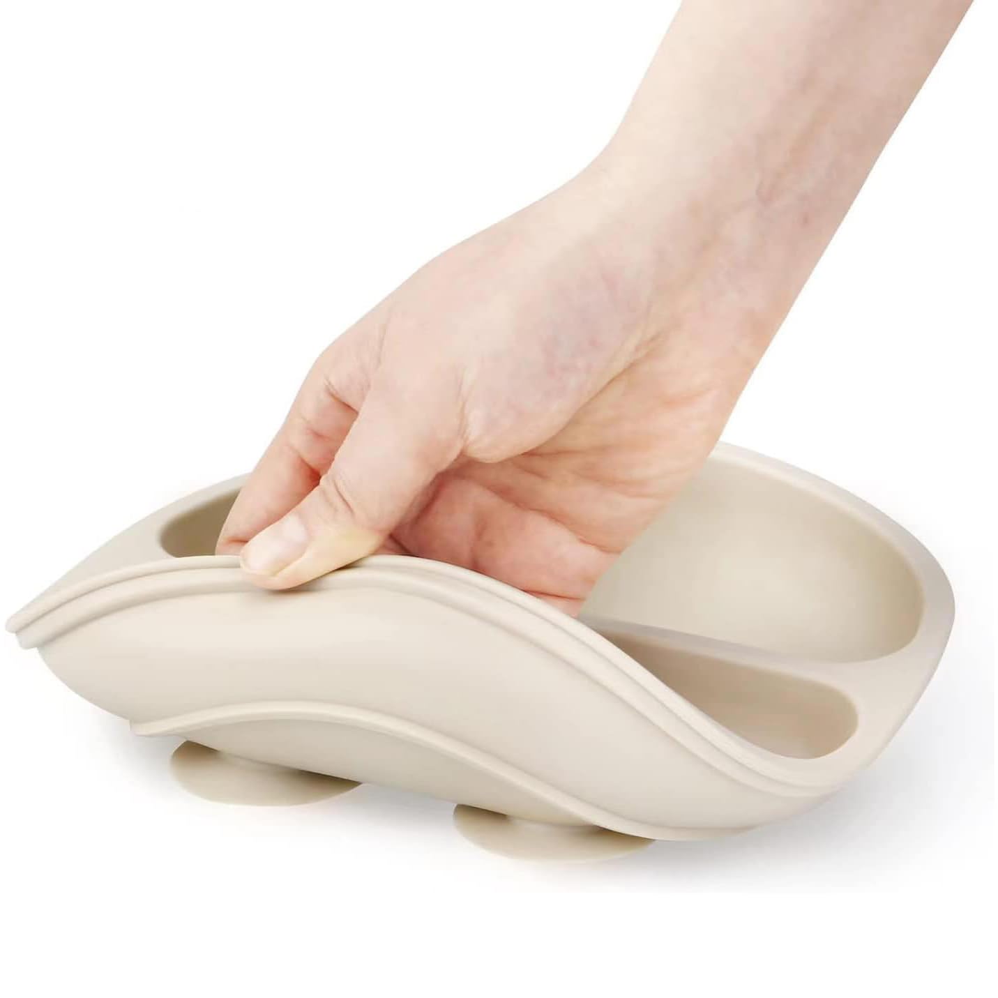 PandaEar Assiettes à succion en silicone pour bébés et tout-petits, lot de 3 assiettes divisées incassables avec couvercle - Lavable au lave-vaisselle et au micro-ondes (Rose Vert Beige clair)