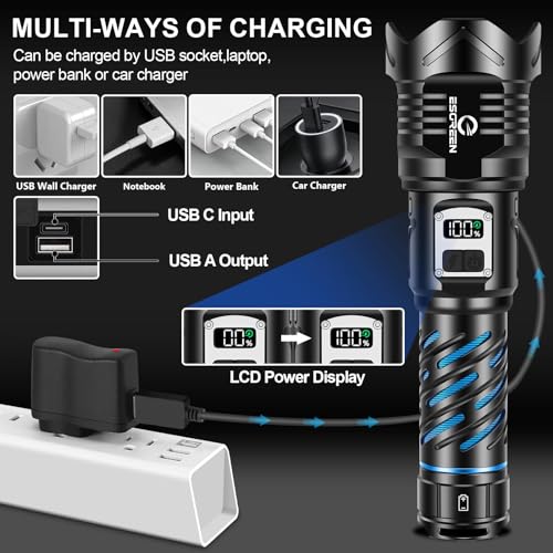 Image of Super Bright Flashlight High Lumens 100000 Rechargeable, Strong 50W LED, Big 8.54 inch Length, Adjustable 5-Mode, Dual Buttons, Long Lasting 15H, Quick USB C Charge, LCD Display & Output, for Hiking Home