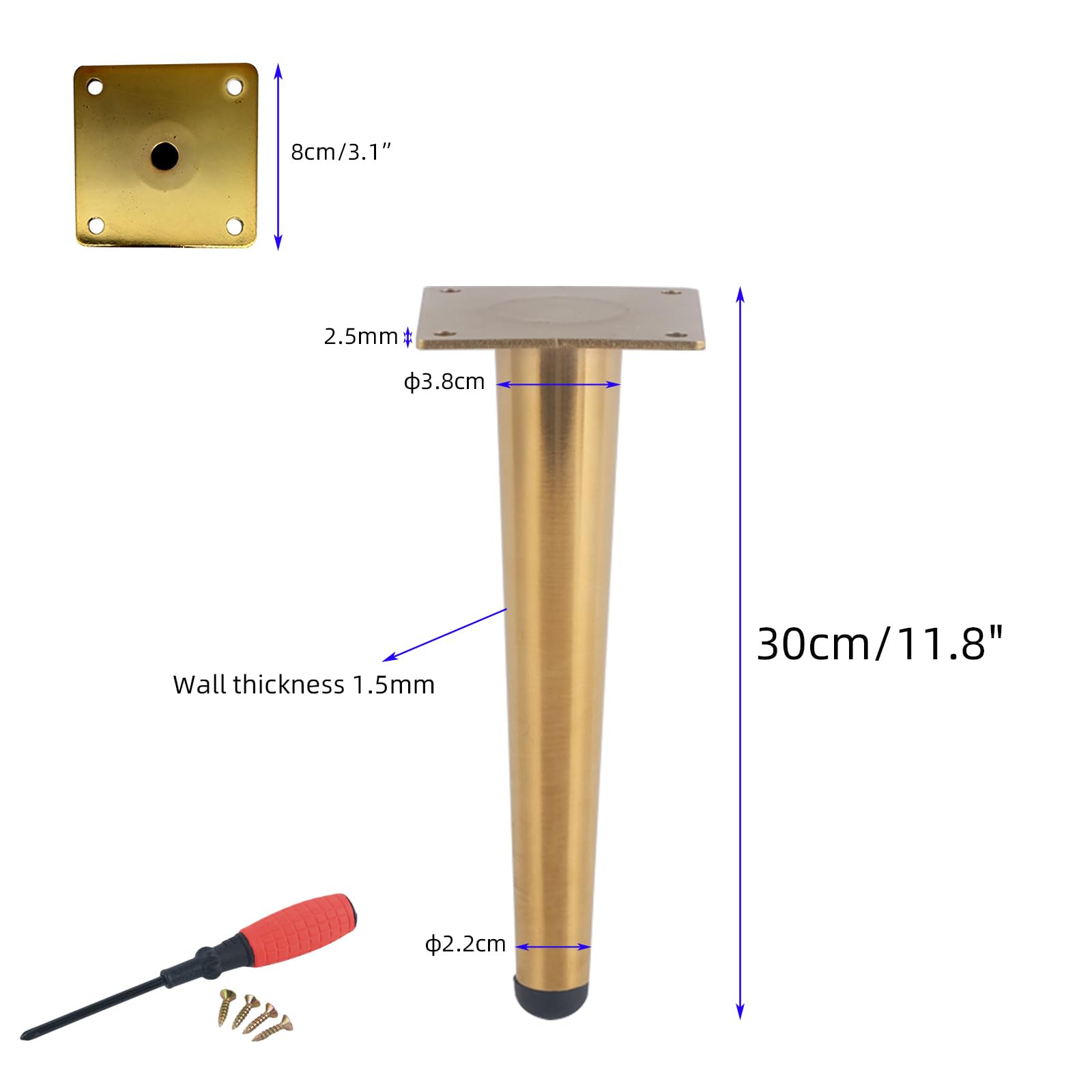 Gambe per Mobili Piedini per Tavolo In Metallo da 30 cm 4 Pezzi Supporto In Acciaio Inossidabile Dorato Superficie Galvanizzata Altezza Piedini per Divano: 15-30 cm Piedini per Mobile da 30 cm/11,8"