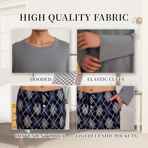 Vulcandon Men's 100% Cotton Pajama Sets, Soft Warm Long Sleeve Sleepwear Pjs Comfy 2 Piece Pajama Set for Men with Pockets3