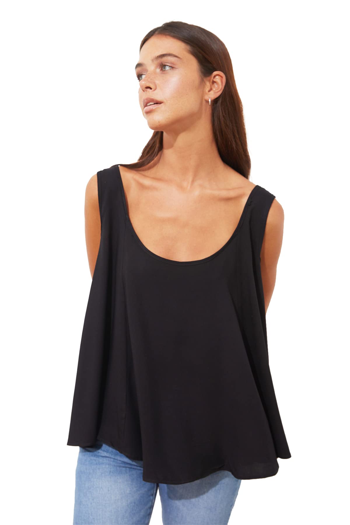Trendyol Woman Slim Standard Round Collar Woven Blouse, Black, 38
