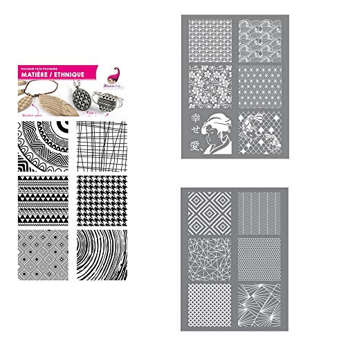 Lot de 3 Pochoirs pour Pâte Polymère: Japon + Géométrique + Matière / Ethnique Blumie