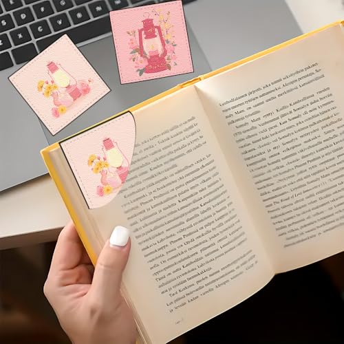 Image of 2Pcs Pink Floral Lantern Corner Bookmarks, Handmade PU Leather Page Markers, Vintage Flower Stationery Gift for Women, Teachers, Mom, Spring Summer Reading Accessories for Book Lovers 3.54 inch