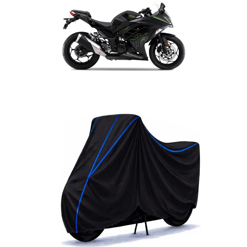 Image of Ninja Bike Cover Water Resistant Universal Motorcycle Rain | Heavy Duty UV Protection, Dust, Scratch Indoor Outdoor All Weather with Black Blue Piping Elastic