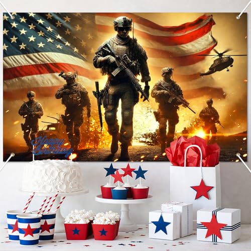 Image of BlissYard 4th of July Banner Patriotic Military Soldier Backdrop 71 x 43 Inches American Flag Fireworks Decorations Banner for Outdoor Yard Party Memorial Day Veterans Day Independence Day Decor