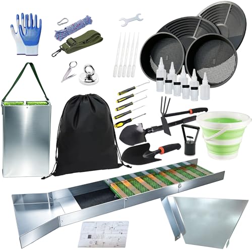 37pcs Complete Gold Panning Kit with 50 Sluice Box for Gold Mining Adults Aluminum Alloy Gold Mining Equipment Includes Gold Pan Classifier Screen Separating Magnet and More