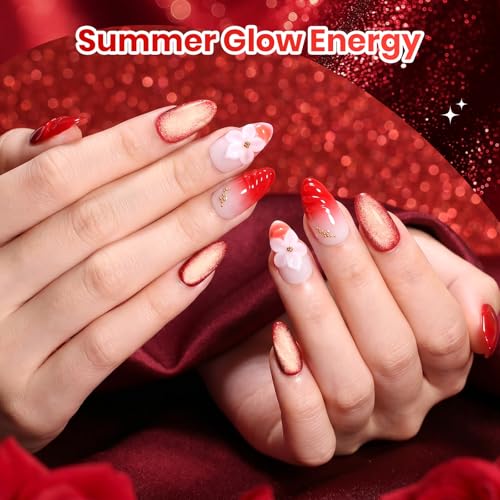 Image of Beetles Red Gel Nail Polish Set, Neon Flame Summer Shimmer Gel Polish, 6 Colors Coral Pink Cherry Red Burgundy Iridescent Gel Nail, Soak Off Uv DIY Manicure Set Gift for Women
