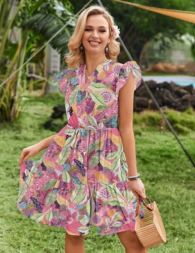 Image of HOTOUCH Women Printed Dress for Summer Short Ruffle Sleeve Dress Tiered Mini Dress with Pockets