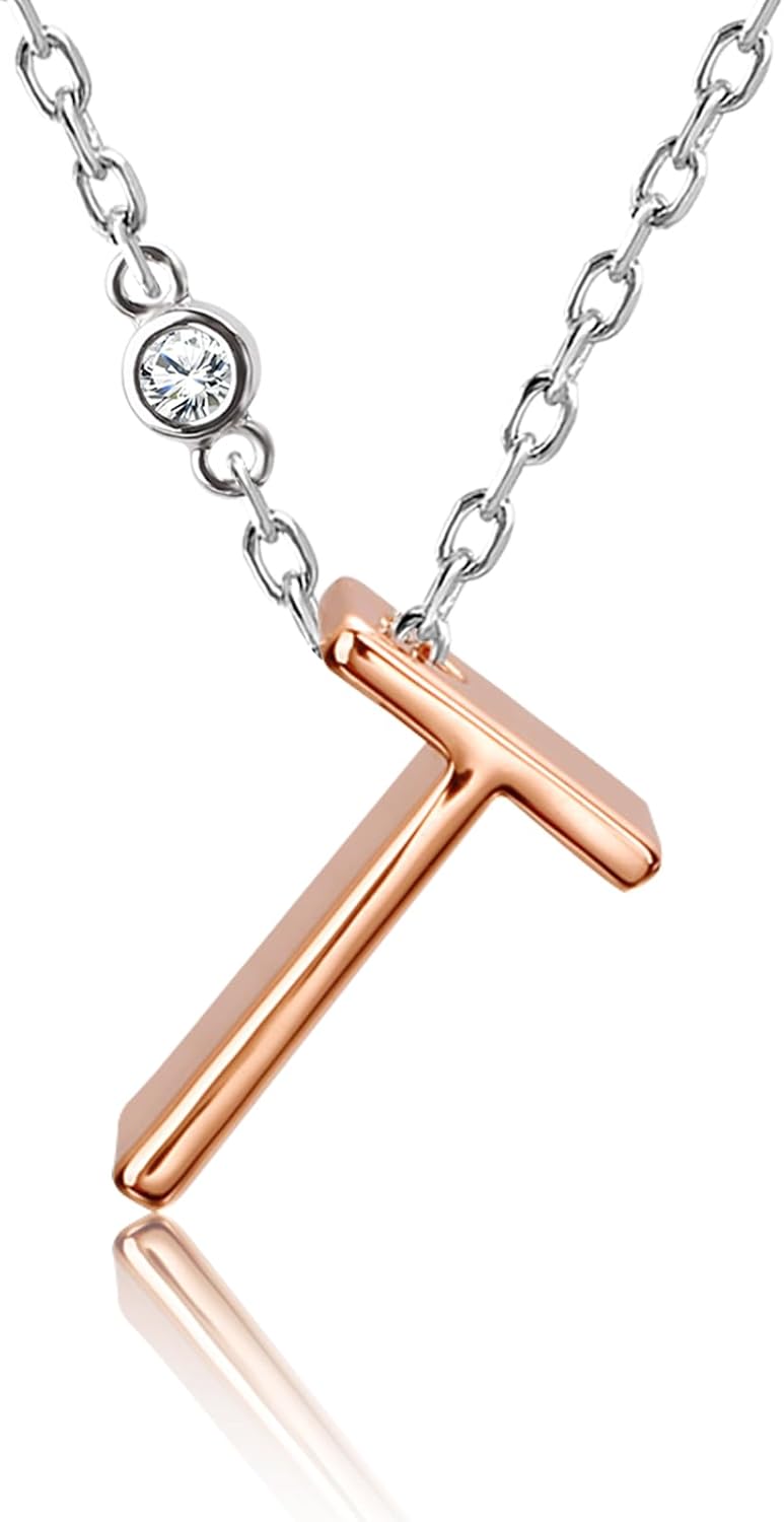 Initial Layering Necklace for Women - Dainty Adjustable Letter Pendant, Rose Gold over Silver Two-Tone with Cubic Zirconia Crystal | Gift for Her, Personalized Hypoallergenic Jewelry