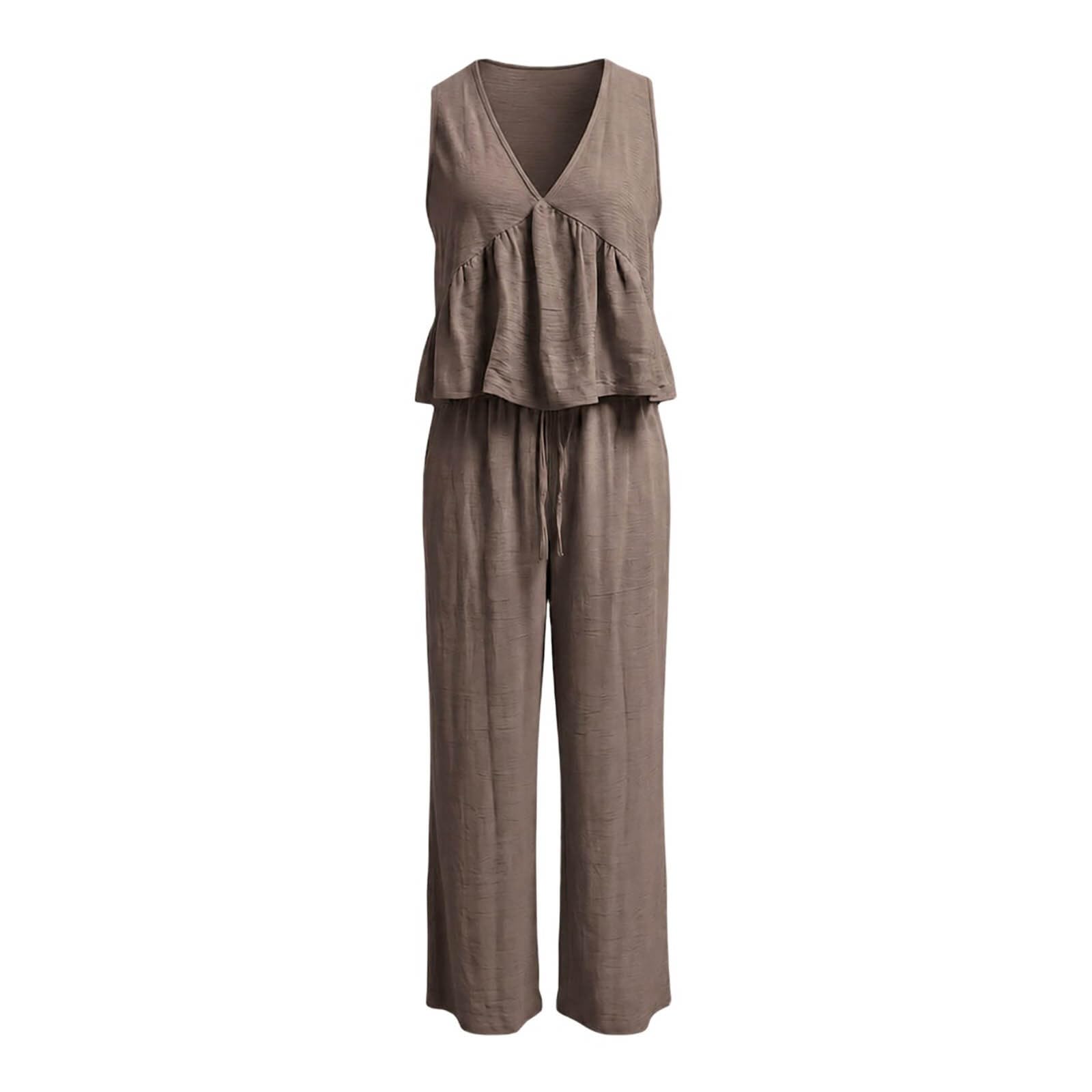 Generisch Lässiges zweiteiliges Outfit: Ärmelloses Pullover-Top mit Rundhalsausschnitt lange Hose, einfarbiges Ensemble (Coffee, XL)