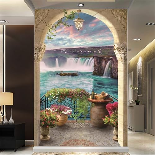 3D Arched Doorway Waterfall Flowers - Custom Size Wall Murals Self-Adhesive Removable Large Photo Wallpaper for Living Room, Bedroom, Bathroom, Office, Dining Room, Children's Room